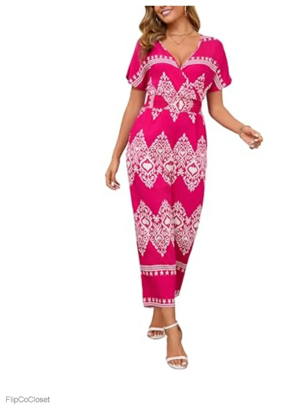 Womens Floral Boho Jumpsuit Cotton Linen V-Neck Short Sleeve Pockets